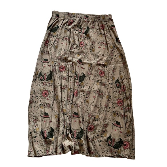 Anthropologie Pepaloves Linen Blend Tan Floral Bird Midi Skirt Size Medium - Picture 5 of 9